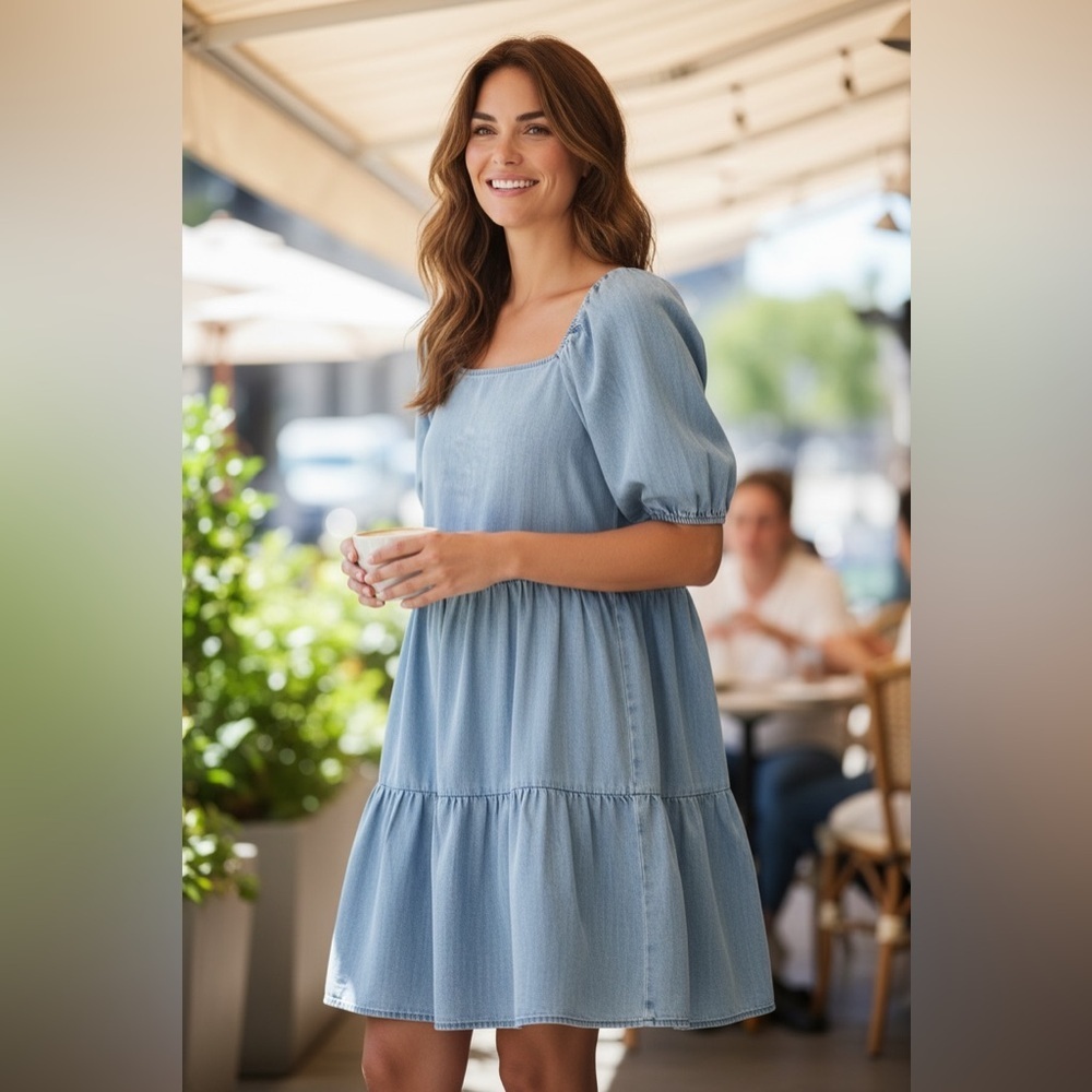 Makk Light Blue Denim Square-Neck Tiered Summer Dress L